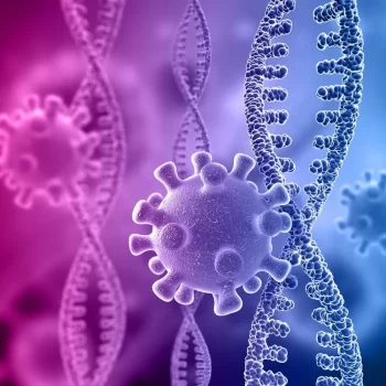 3D render of a medical background with DNA strands and virus cells
